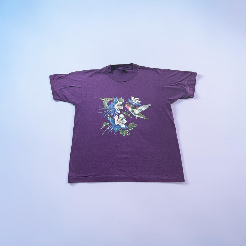 Vintage 90s Hummingbird Floral Tee Purple L USA